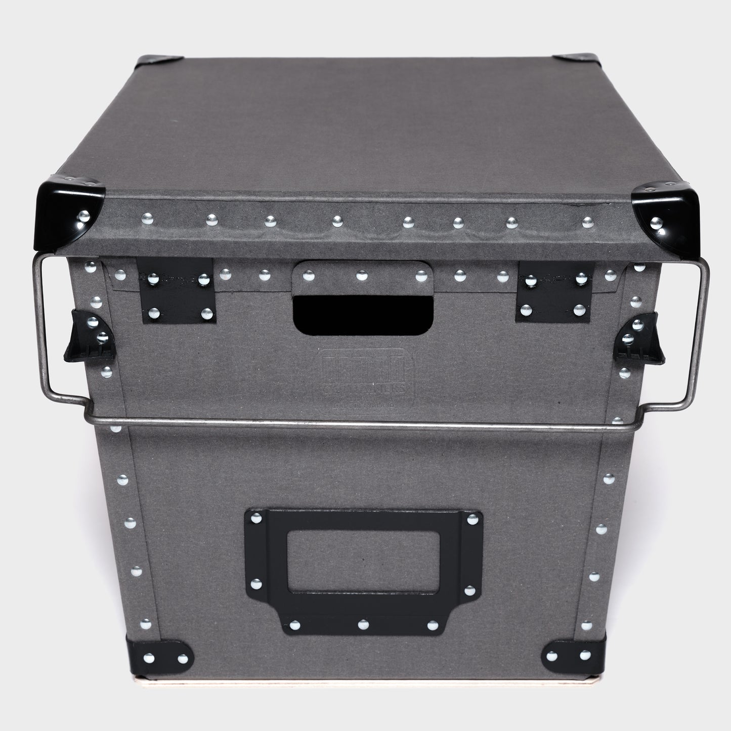 Large rectangle storage box with lid and bale arms - front view - Damon Containers UK